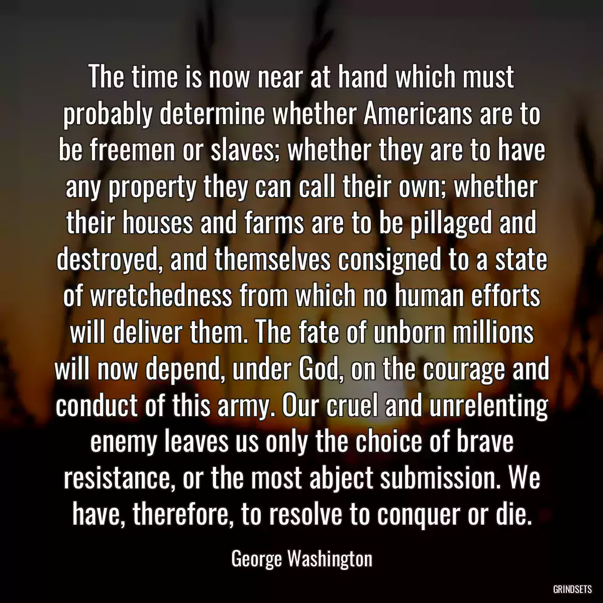 The time is now near at hand which must probably determine whether Americans are to be freemen or slaves; whether they are to have any property they can call their own; whether their houses and farms are to be pillaged and destroyed, and themselves consigned to a state of wretchedness from which no human efforts will deliver them. The fate of unborn millions will now depend, under God, on the courage and conduct of this army. Our cruel and unrelenting enemy leaves us only the choice of brave resistance, or the most abject submission. We have, therefore, to resolve to conquer or die.