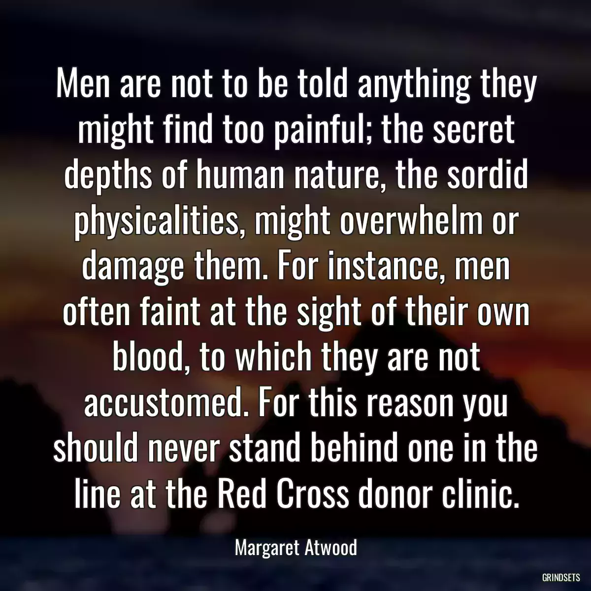 Men are not to be told anything they might find too painful; the secret depths of human nature, the sordid physicalities, might overwhelm or damage them. For instance, men often faint at the sight of their own blood, to which they are not accustomed. For this reason you should never stand behind one in the line at the Red Cross donor clinic.