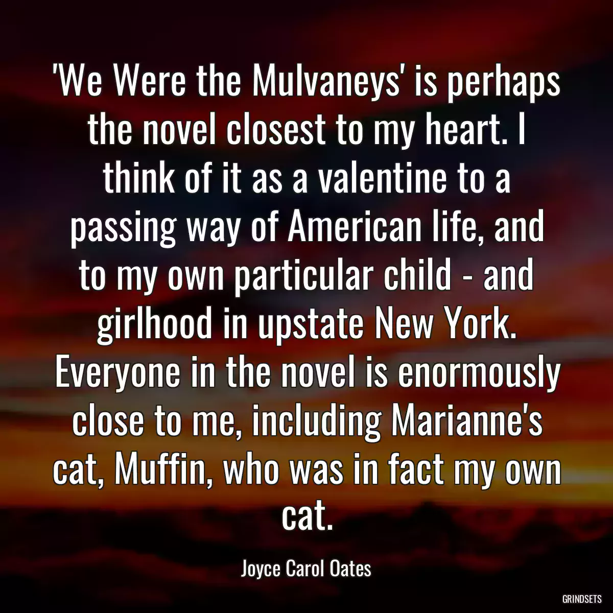 \'We Were the Mulvaneys\' is perhaps the novel closest to my heart. I think of it as a valentine to a passing way of American life, and to my own particular child - and girlhood in upstate New York. Everyone in the novel is enormously close to me, including Marianne\'s cat, Muffin, who was in fact my own cat.