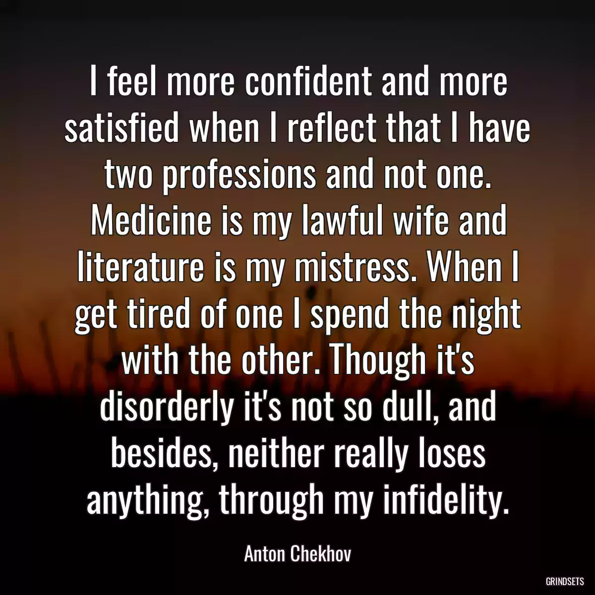 I feel more confident and more satisfied when I reflect that I have two professions and not one. Medicine is my lawful wife and literature is my mistress. When I get tired of one I spend the night with the other. Though it\'s disorderly it\'s not so dull, and besides, neither really loses anything, through my infidelity.