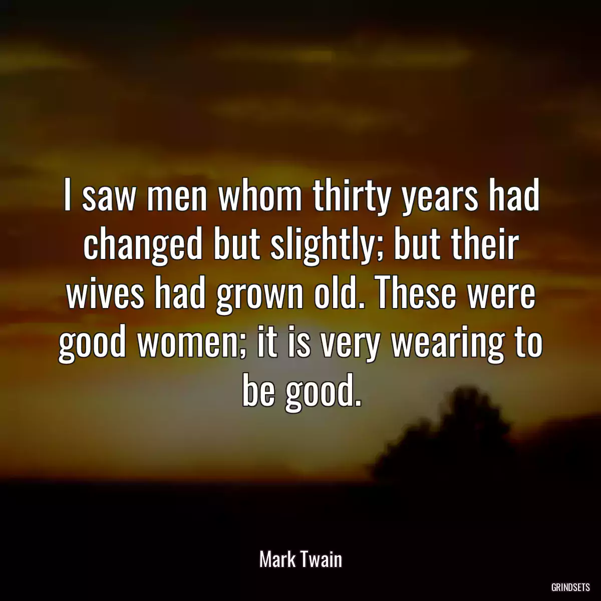 I saw men whom thirty years had changed but slightly; but their wives had grown old. These were good women; it is very wearing to be good.