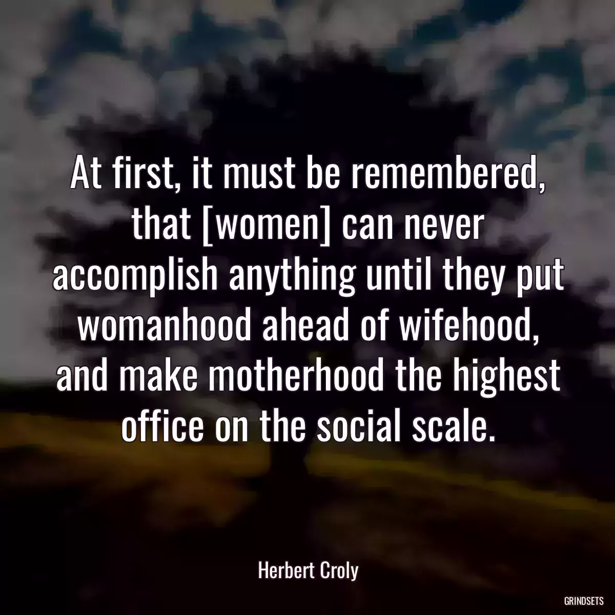 At first, it must be remembered, that [women] can never accomplish anything until they put womanhood ahead of wifehood, and make motherhood the highest office on the social scale.