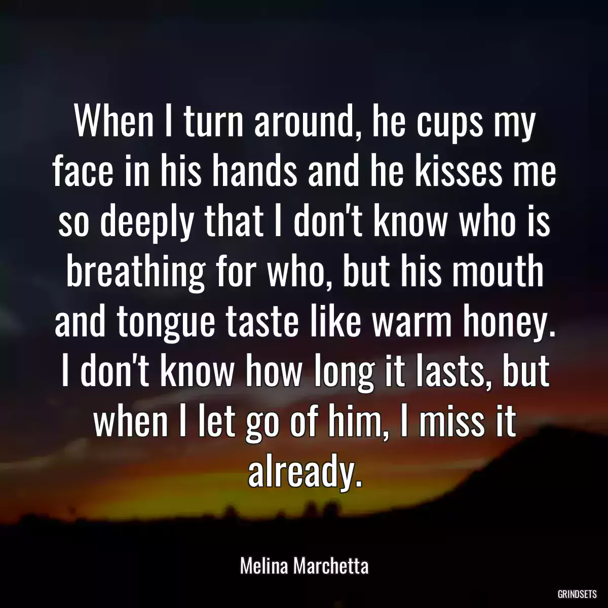 When I turn around, he cups my face in his hands and he kisses me so deeply that I don\'t know who is breathing for who, but his mouth and tongue taste like warm honey. I don\'t know how long it lasts, but when I let go of him, I miss it already.