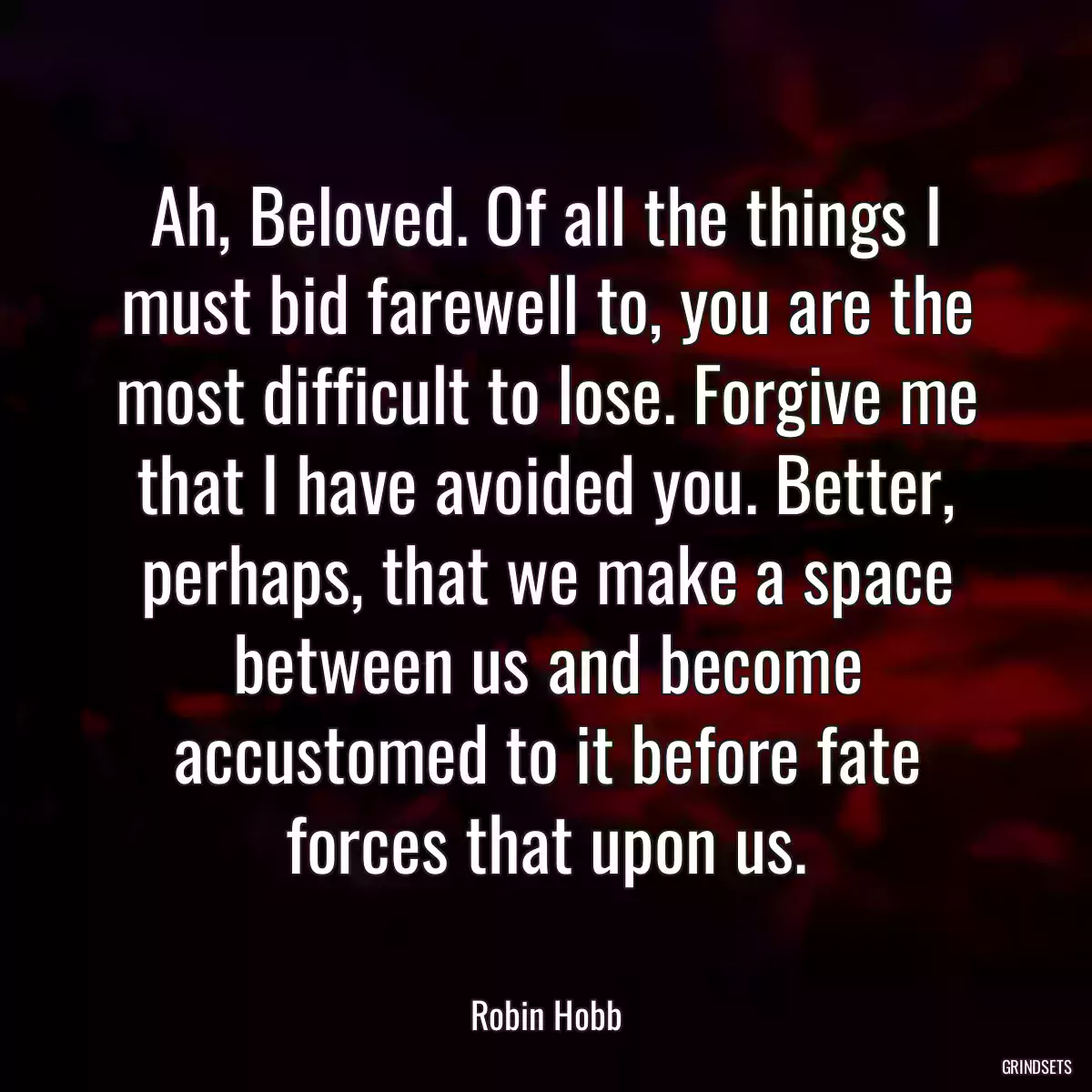 Ah, Beloved. Of all the things I must bid farewell to, you are the most difficult to lose. Forgive me that I have avoided you. Better, perhaps, that we make a space between us and become accustomed to it before fate forces that upon us.