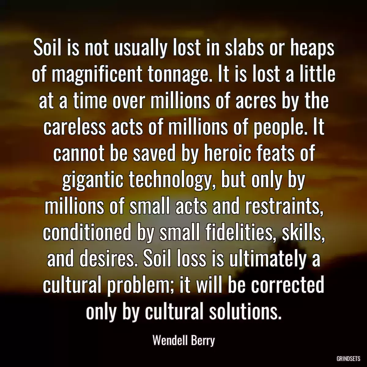 Soil is not usually lost in slabs or heaps of magnificent tonnage. It is lost a little at a time over millions of acres by the careless acts of millions of people. It cannot be saved by heroic feats of gigantic technology, but only by millions of small acts and restraints, conditioned by small fidelities, skills, and desires. Soil loss is ultimately a cultural problem; it will be corrected only by cultural solutions.