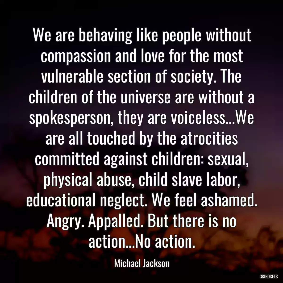 We are behaving like people without compassion and love for the most vulnerable section of society. The children of the universe are without a spokesperson, they are voiceless...We are all touched by the atrocities committed against children: sexual, physical abuse, child slave labor, educational neglect. We feel ashamed. Angry. Appalled. But there is no action...No action.