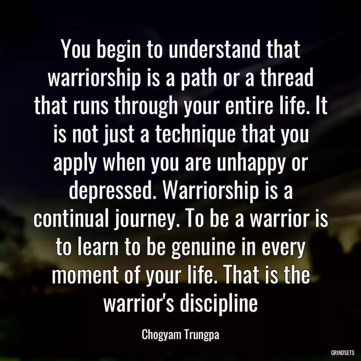 You begin to understand that warriorship is a path or a thread that runs through your entire life. It is not just a technique that you apply when you are unhappy or depressed. Warriorship is a continual journey. To be a warrior is to learn to be genuine in every moment of your life. That is the warrior\'s discipline