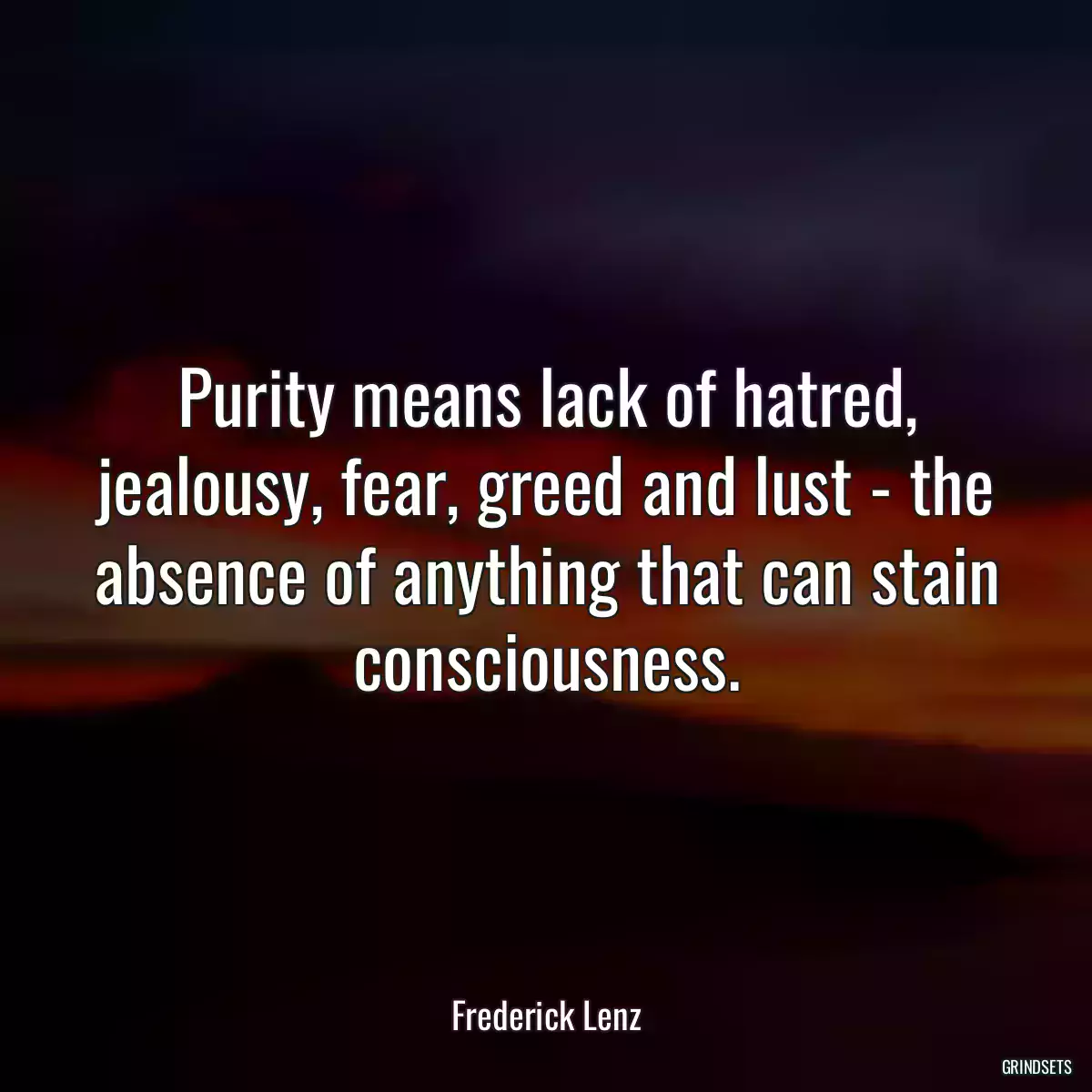 Purity means lack of hatred, jealousy, fear, greed and lust - the absence of anything that can stain consciousness.