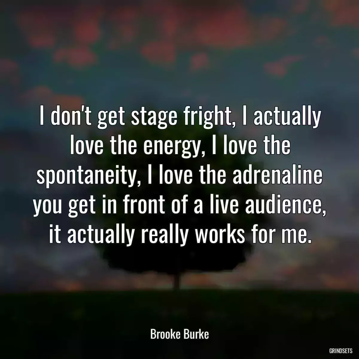 I don\'t get stage fright, I actually love the energy, I love the spontaneity, I love the adrenaline you get in front of a live audience, it actually really works for me.