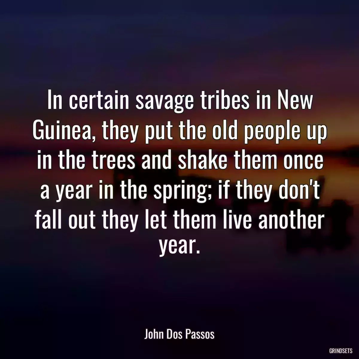 In certain savage tribes in New Guinea, they put the old people up in the trees and shake them once a year in the spring; if they don\'t fall out they let them live another year.