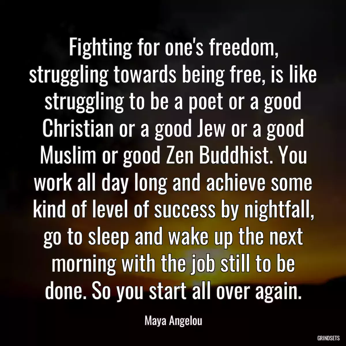 Fighting for one\'s freedom, struggling towards being free, is like struggling to be a poet or a good Christian or a good Jew or a good Muslim or good Zen Buddhist. You work all day long and achieve some kind of level of success by nightfall, go to sleep and wake up the next morning with the job still to be done. So you start all over again.