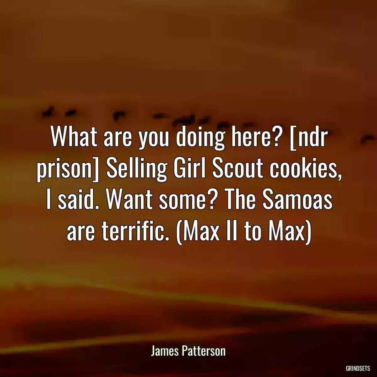 What are you doing here? [ndr prison] Selling Girl Scout cookies, I said. Want some? The Samoas are terrific. (Max II to Max)