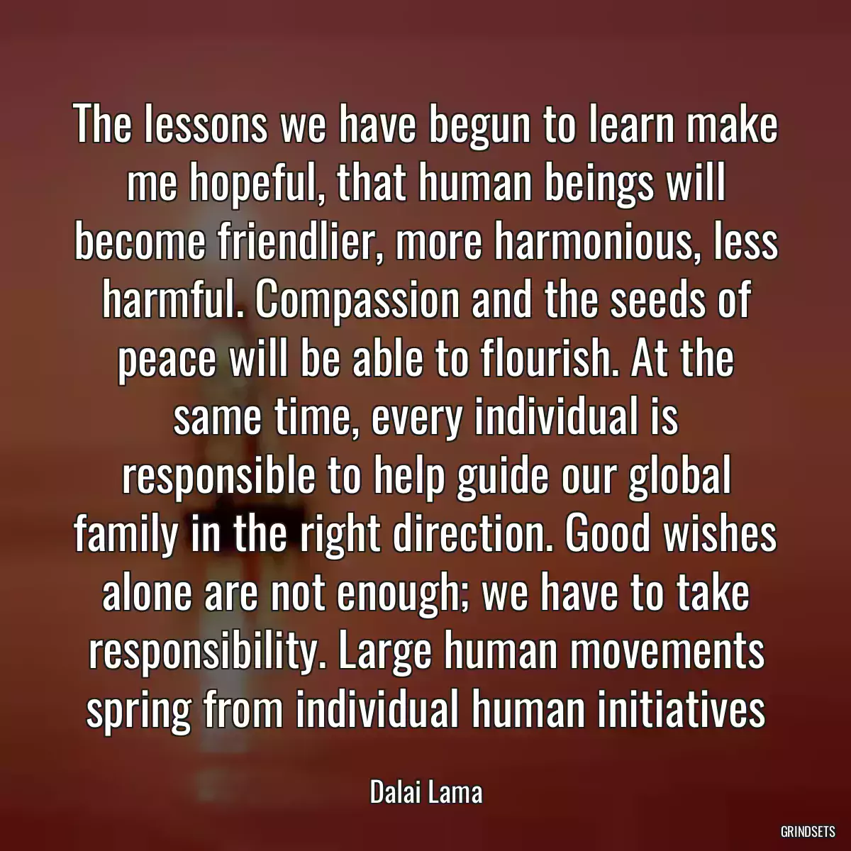 The lessons we have begun to learn make me hopeful, that human beings will become friendlier, more harmonious, less harmful. Compassion and the seeds of peace will be able to flourish. At the same time, every individual is responsible to help guide our global family in the right direction. Good wishes alone are not enough; we have to take responsibility. Large human movements spring from individual human initiatives