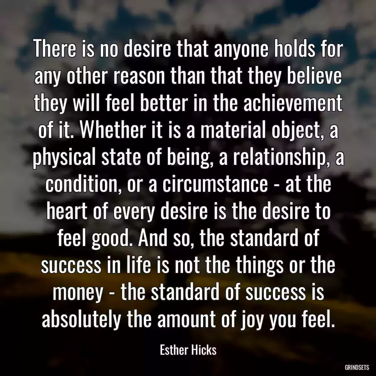 There is no desire that anyone holds for any other reason than that they believe they will feel better in the achievement of it. Whether it is a material object, a physical state of being, a relationship, a condition, or a circumstance - at the heart of every desire is the desire to feel good. And so, the standard of success in life is not the things or the money - the standard of success is absolutely the amount of joy you feel.