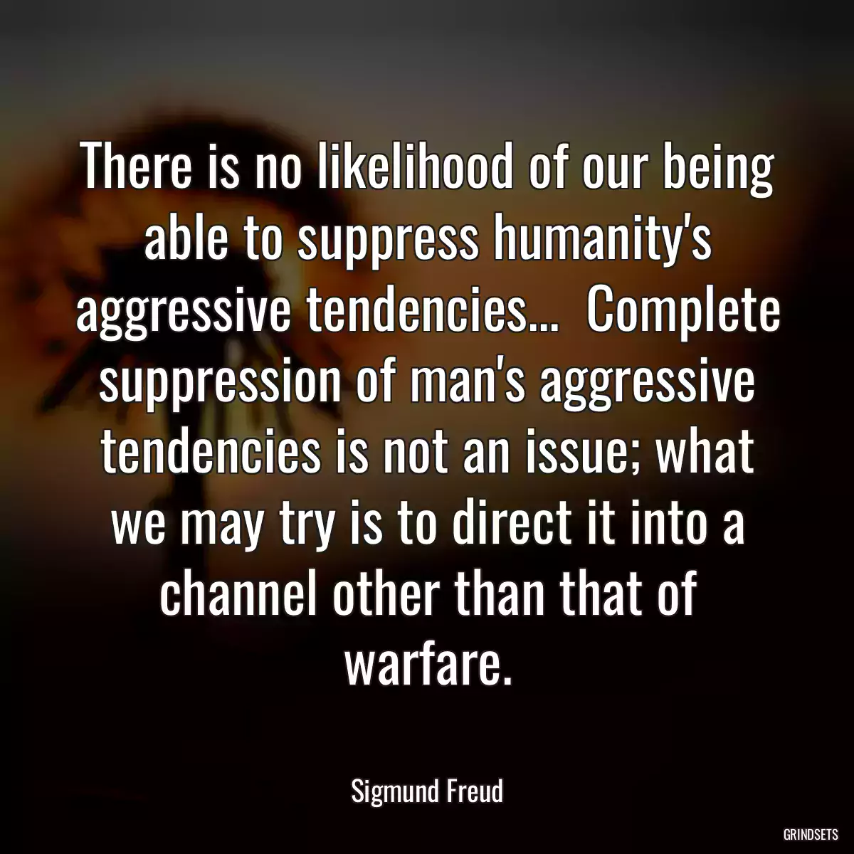 There is no likelihood of our being able to suppress humanity\'s aggressive tendencies...  Complete suppression of man\'s aggressive tendencies is not an issue; what we may try is to direct it into a channel other than that of warfare.