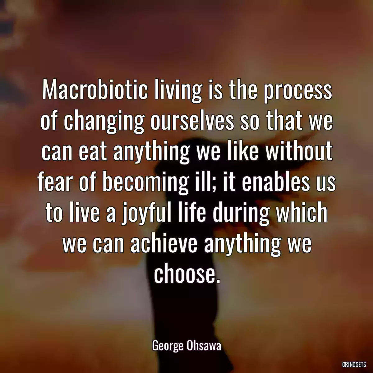 Macrobiotic living is the process of changing ourselves so that we can eat anything we like without fear of becoming ill; it enables us to live a joyful life during which we can achieve anything we choose.