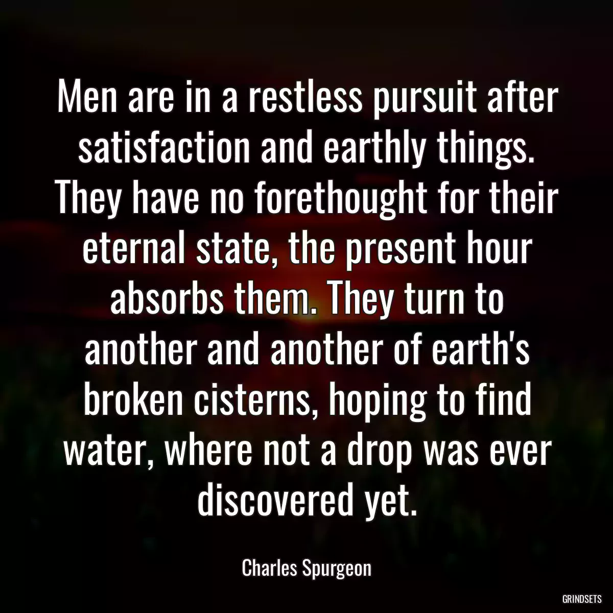 Men are in a restless pursuit after satisfaction and earthly things. They have no forethought for their eternal state, the present hour absorbs them. They turn to another and another of earth\'s broken cisterns, hoping to find water, where not a drop was ever discovered yet.