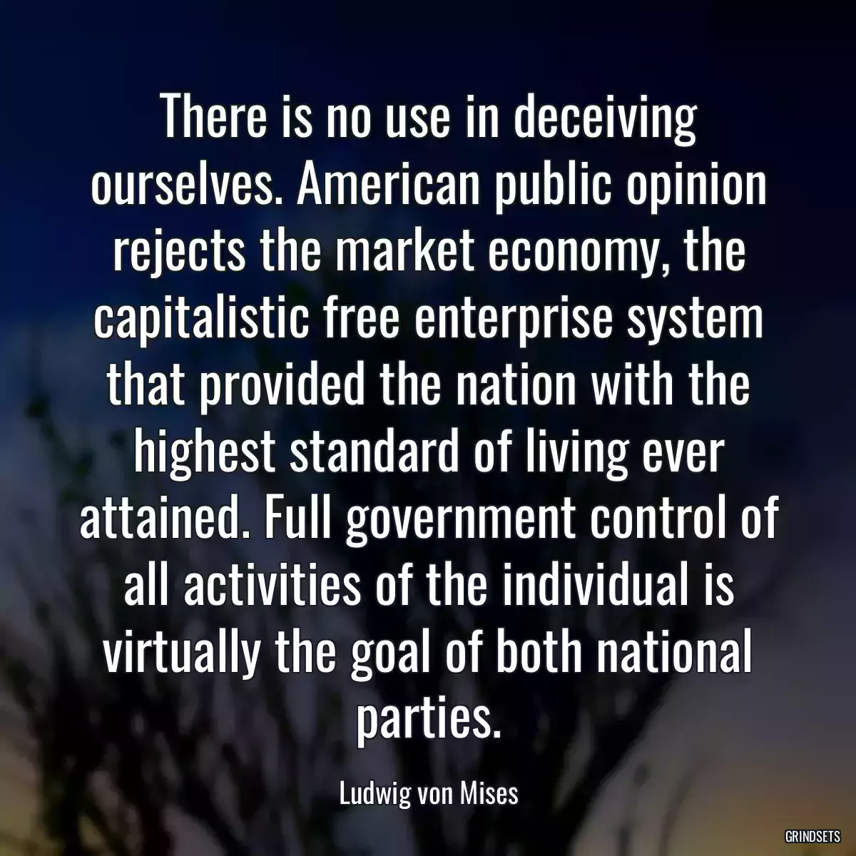 There is no use in deceiving ourselves. American public opinion rejects the market economy, the capitalistic free enterprise system that provided the nation with the highest standard of living ever attained. Full government control of all activities of the individual is virtually the goal of both national parties.