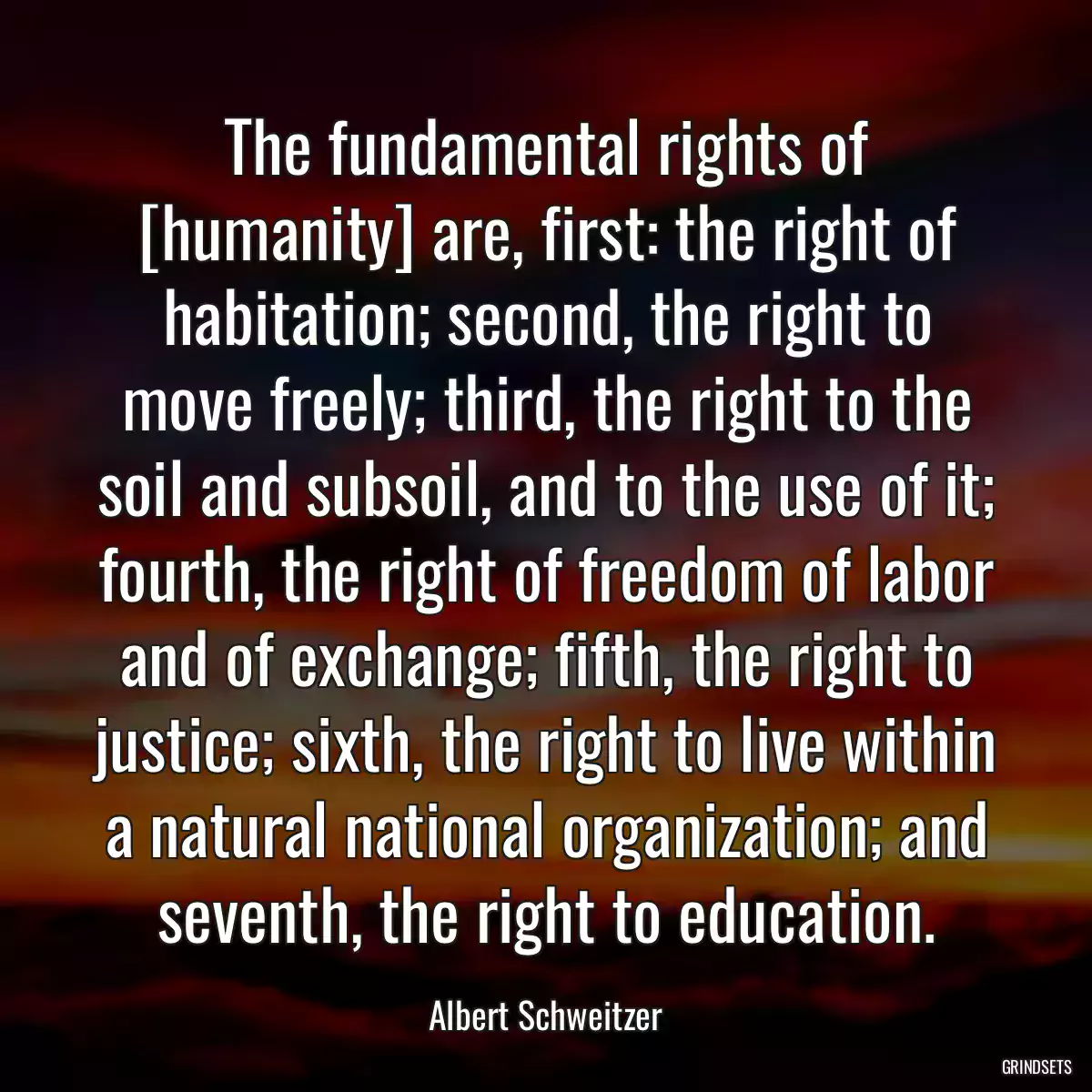 The fundamental rights of [humanity] are, first: the right of habitation; second, the right to move freely; third, the right to the soil and subsoil, and to the use of it; fourth, the right of freedom of labor and of exchange; fifth, the right to justice; sixth, the right to live within a natural national organization; and seventh, the right to education.