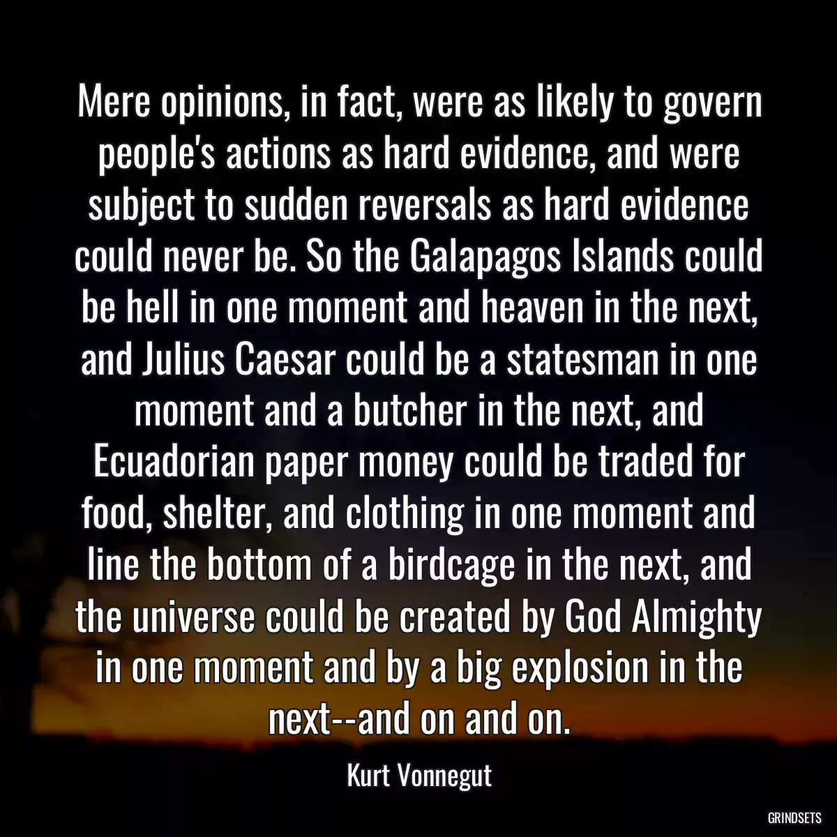 Mere opinions, in fact, were as likely to govern people\'s actions as hard evidence, and were subject to sudden reversals as hard evidence could never be. So the Galapagos Islands could be hell in one moment and heaven in the next, and Julius Caesar could be a statesman in one moment and a butcher in the next, and Ecuadorian paper money could be traded for food, shelter, and clothing in one moment and line the bottom of a birdcage in the next, and the universe could be created by God Almighty in one moment and by a big explosion in the next--and on and on.