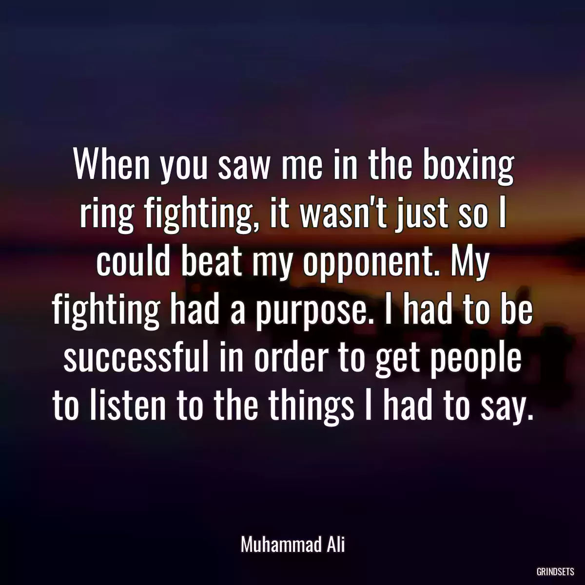 When you saw me in the boxing ring fighting, it wasn\'t just so I could beat my opponent. My fighting had a purpose. I had to be successful in order to get people to listen to the things I had to say.