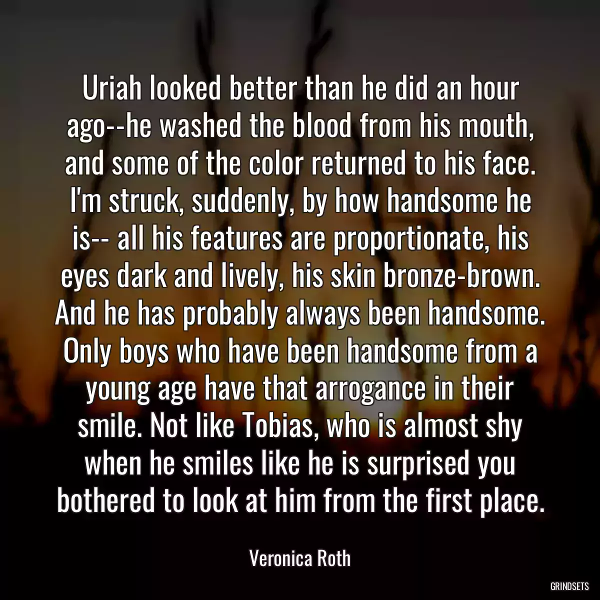 Uriah looked better than he did an hour ago--he washed the blood from his mouth, and some of the color returned to his face. I\'m struck, suddenly, by how handsome he is-- all his features are proportionate, his eyes dark and lively, his skin bronze-brown. And he has probably always been handsome. Only boys who have been handsome from a young age have that arrogance in their smile. Not like Tobias, who is almost shy when he smiles like he is surprised you bothered to look at him from the first place.