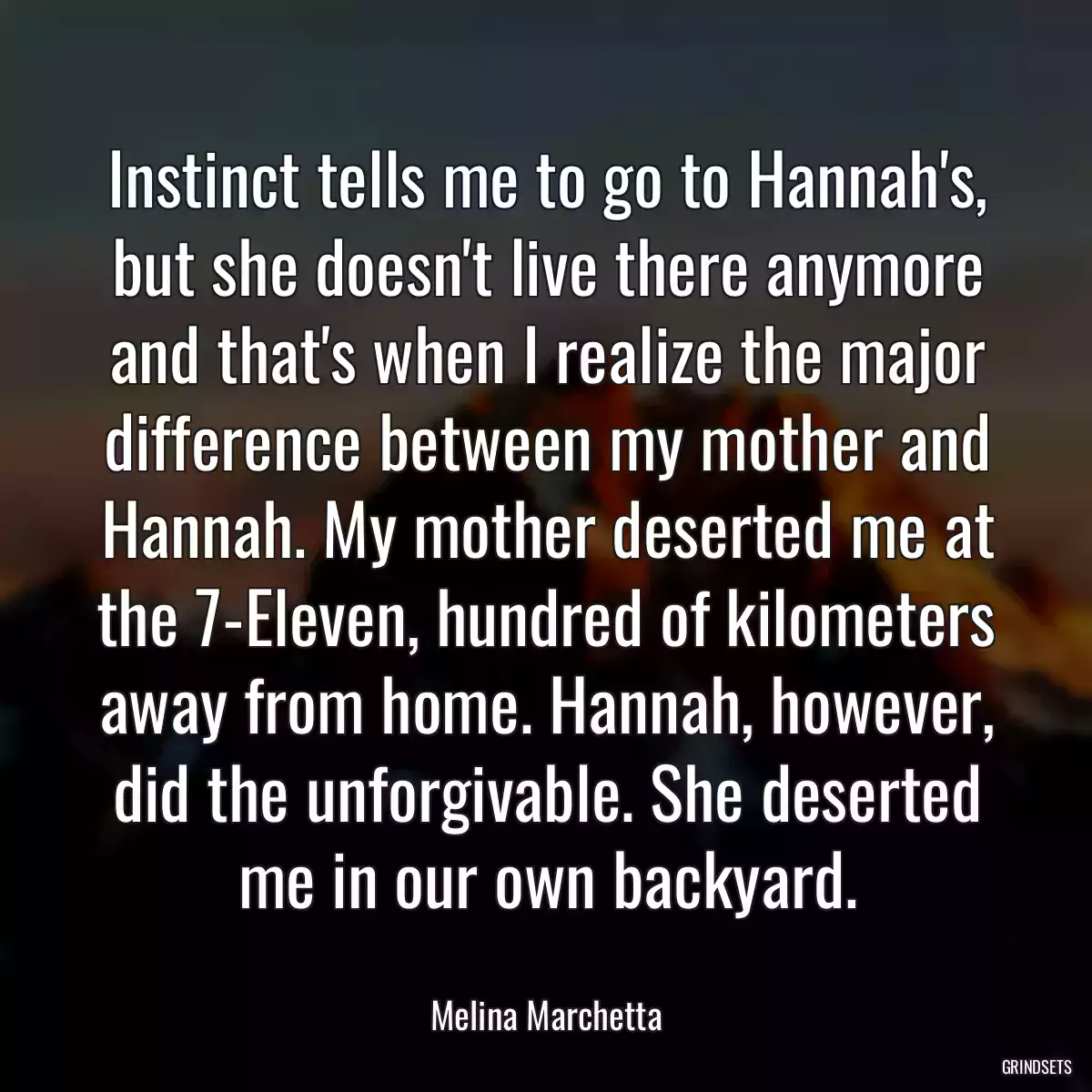 Instinct tells me to go to Hannah\'s, but she doesn\'t live there anymore and that\'s when I realize the major difference between my mother and Hannah. My mother deserted me at the 7-Eleven, hundred of kilometers away from home. Hannah, however, did the unforgivable. She deserted me in our own backyard.