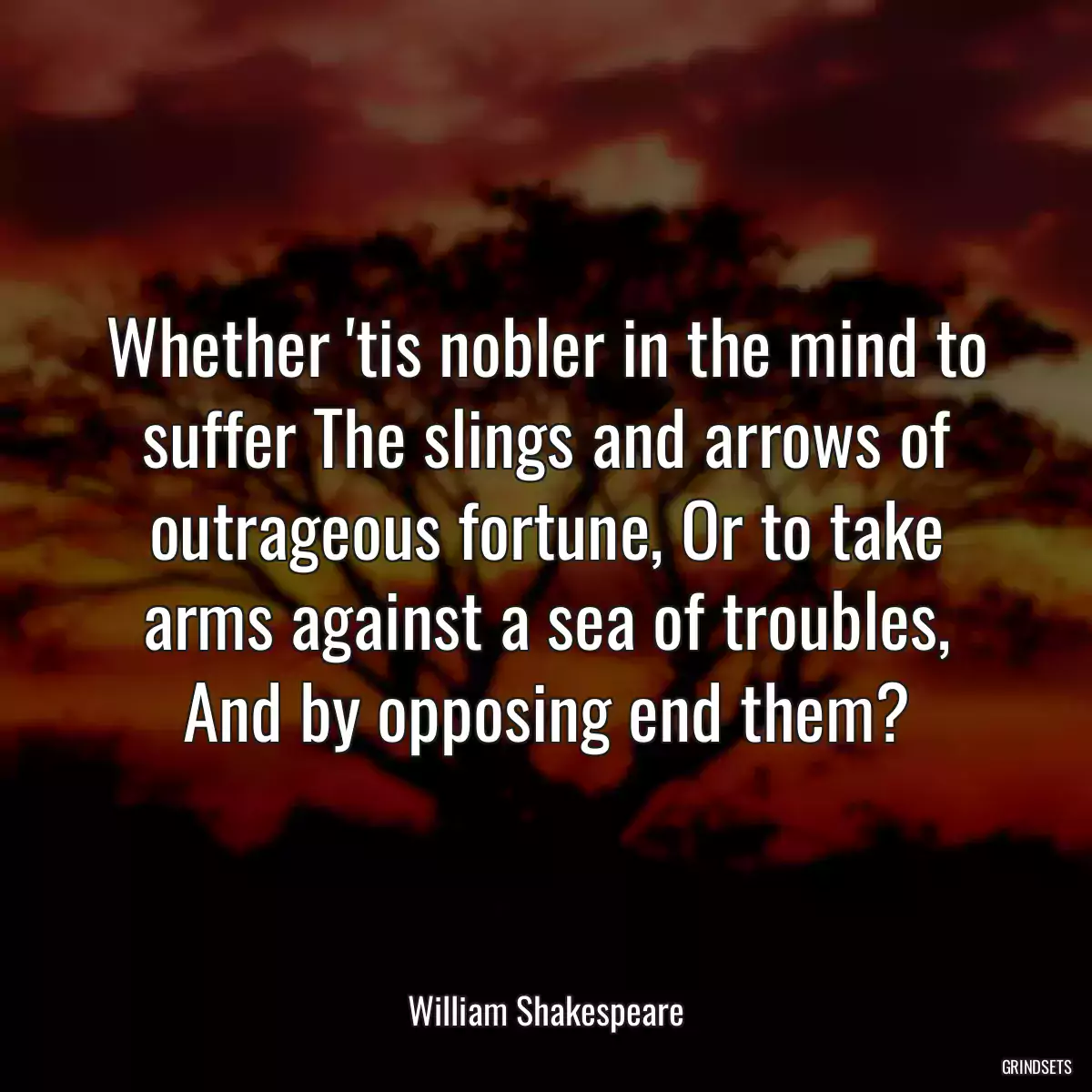 Whether \'tis nobler in the mind to suffer The slings and arrows of outrageous fortune, Or to take arms against a sea of troubles, And by opposing end them?