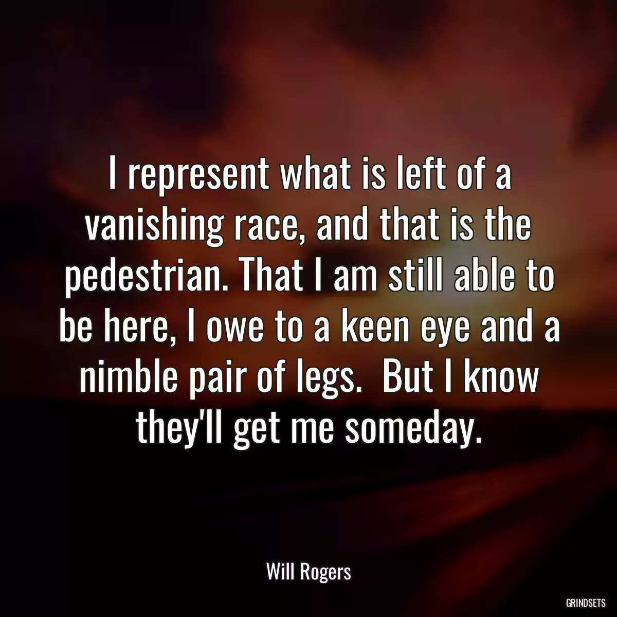 I represent what is left of a vanishing race, and that is the pedestrian. That I am still able to be here, I owe to a keen eye and a nimble pair of legs.  But I know they\'ll get me someday.