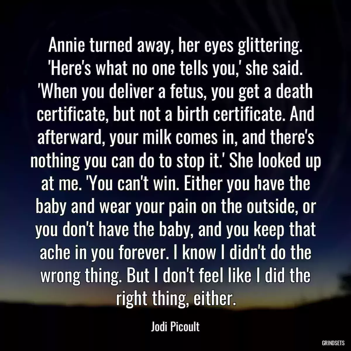 Annie turned away, her eyes glittering. \'Here\'s what no one tells you,\' she said. \'When you deliver a fetus, you get a death certificate, but not a birth certificate. And afterward, your milk comes in, and there\'s nothing you can do to stop it.\' She looked up at me. \'You can\'t win. Either you have the baby and wear your pain on the outside, or you don\'t have the baby, and you keep that ache in you forever. I know I didn\'t do the wrong thing. But I don\'t feel like I did the right thing, either.