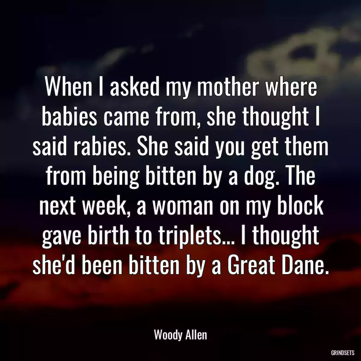 When I asked my mother where babies came from, she thought I said rabies. She said you get them from being bitten by a dog. The next week, a woman on my block gave birth to triplets... I thought she\'d been bitten by a Great Dane.