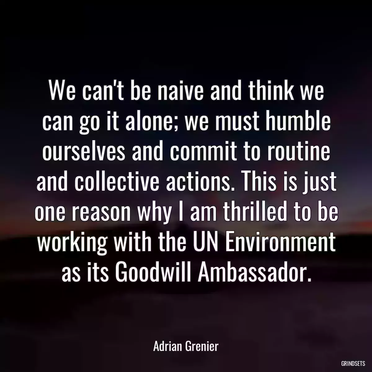 We can\'t be naive and think we can go it alone; we must humble ourselves and commit to routine and collective actions. This is just one reason why I am thrilled to be working with the UN Environment as its Goodwill Ambassador.