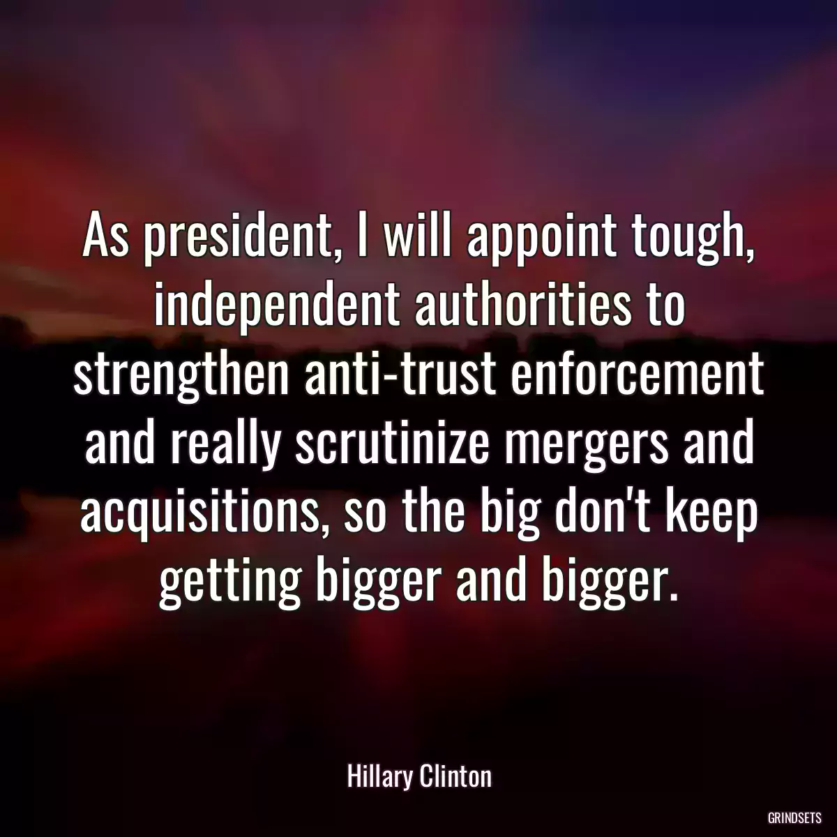 As president, I will appoint tough, independent authorities to strengthen anti-trust enforcement and really scrutinize mergers and acquisitions, so the big don\'t keep getting bigger and bigger.