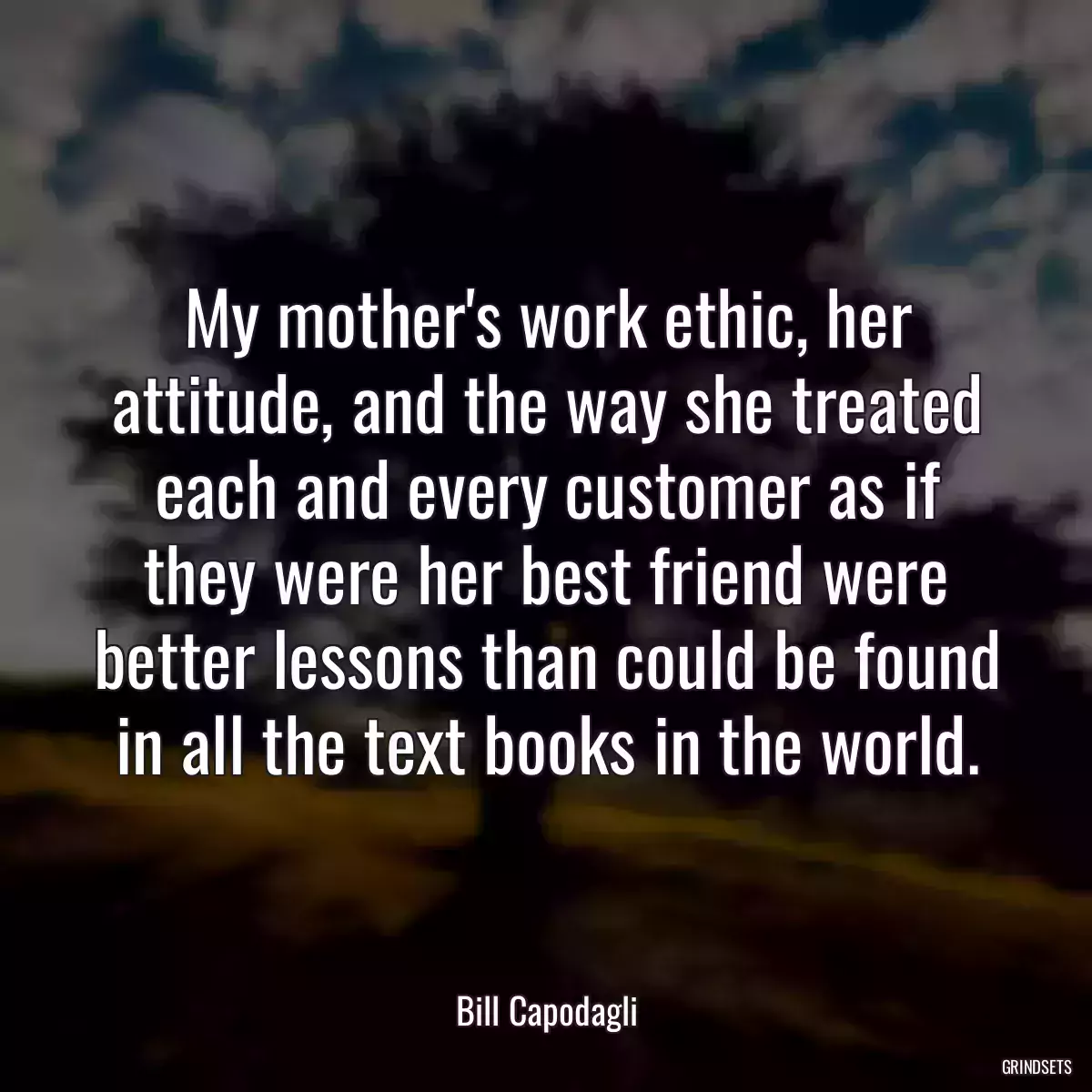 My mother\'s work ethic, her attitude, and the way she treated each and every customer as if they were her best friend were better lessons than could be found in all the text books in the world.