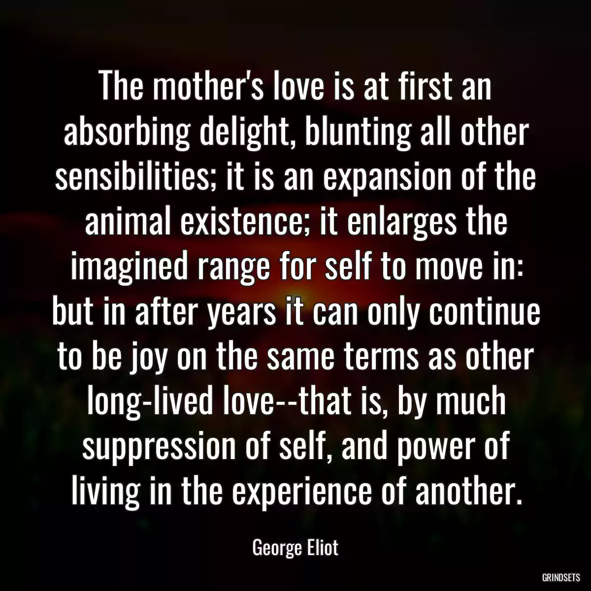 The mother\'s love is at first an absorbing delight, blunting all other sensibilities; it is an expansion of the animal existence; it enlarges the imagined range for self to move in: but in after years it can only continue to be joy on the same terms as other long-lived love--that is, by much suppression of self, and power of living in the experience of another.