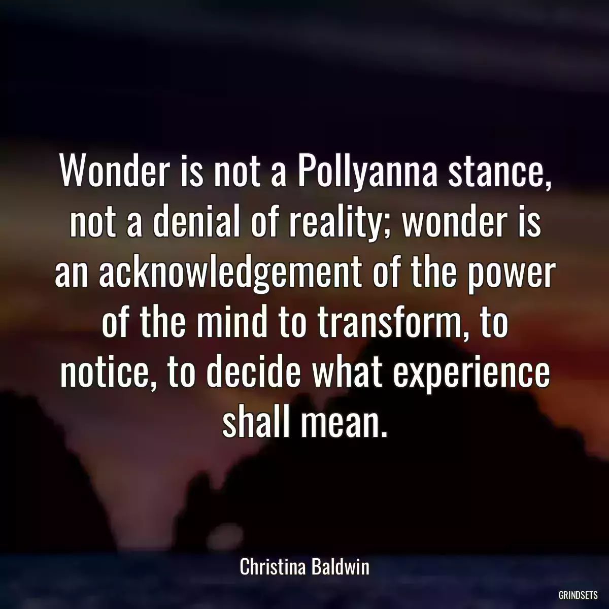 Wonder is not a Pollyanna stance, not a denial of reality; wonder is an acknowledgement of the power of the mind to transform, to notice, to decide what experience shall mean.