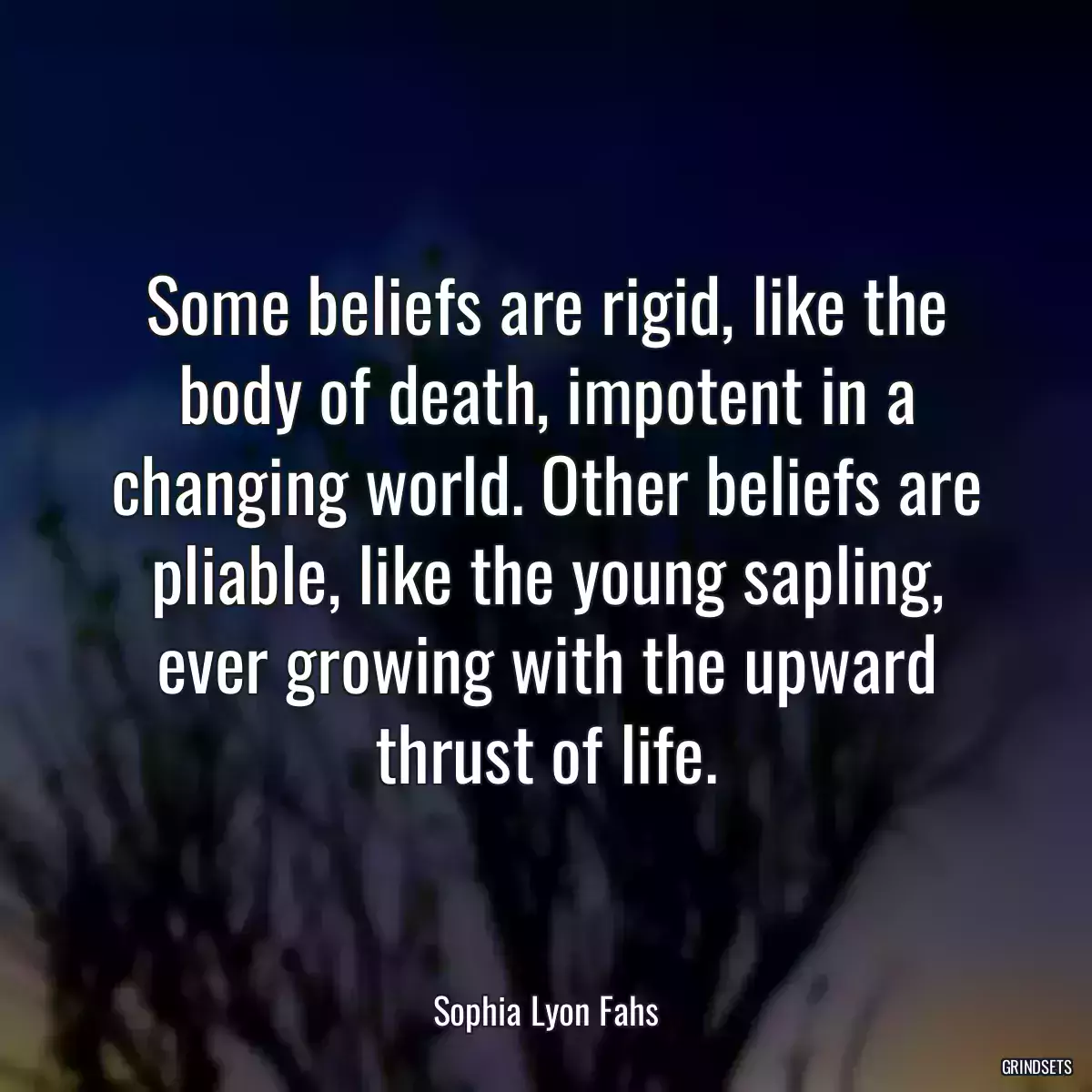 Some beliefs are rigid, like the body of death, impotent in a changing world. Other beliefs are pliable, like the young sapling, ever growing with the upward thrust of life.