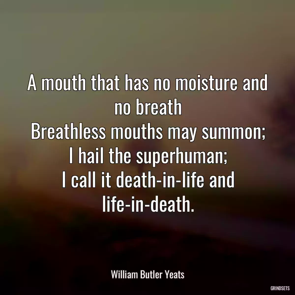 A mouth that has no moisture and no breath
Breathless mouths may summon;
I hail the superhuman;
I call it death-in-life and life-in-death.