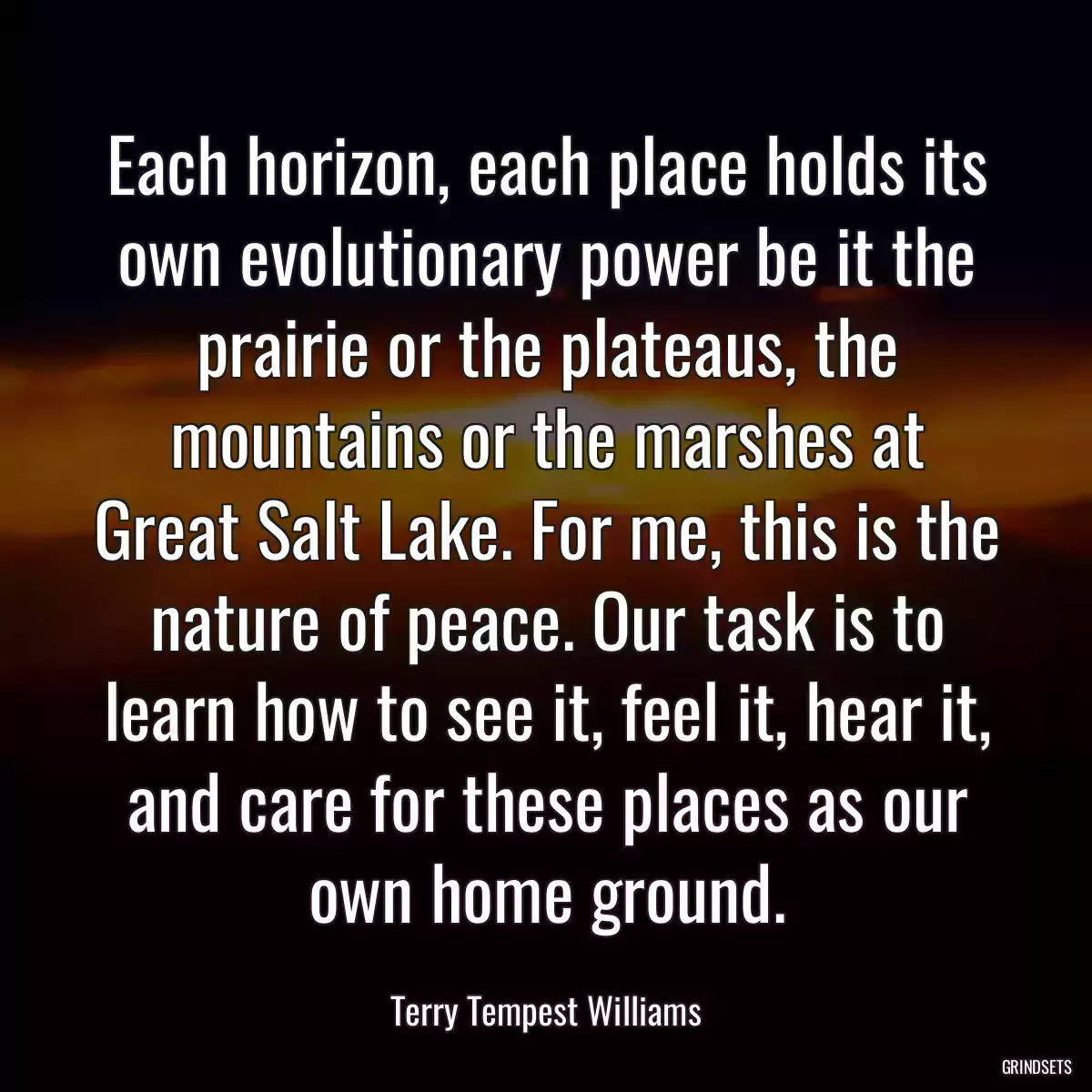 Each horizon, each place holds its own evolutionary power be it the prairie or the plateaus, the mountains or the marshes at Great Salt Lake. For me, this is the nature of peace. Our task is to learn how to see it, feel it, hear it, and care for these places as our own home ground.