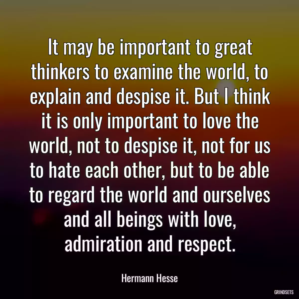 It may be important to great thinkers to examine the world, to explain and despise it. But I think it is only important to love the world, not to despise it, not for us to hate each other, but to be able to regard the world and ourselves and all beings with love, admiration and respect.