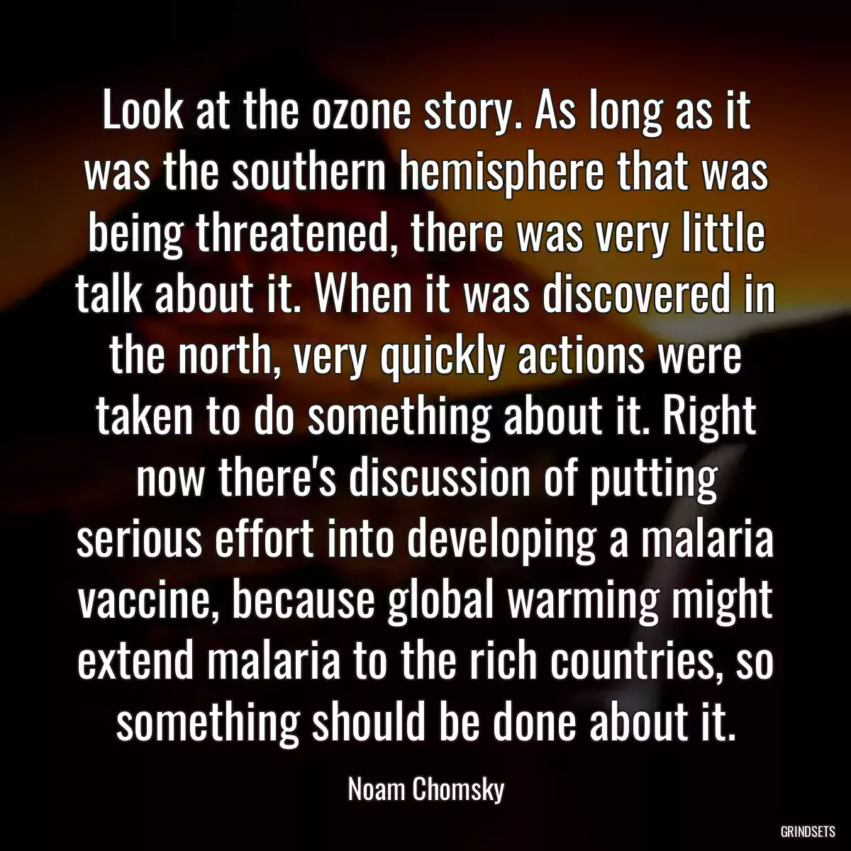 Look at the ozone story. As long as it was the southern hemisphere that was being threatened, there was very little talk about it. When it was discovered in the north, very quickly actions were taken to do something about it. Right now there\'s discussion of putting serious effort into developing a malaria vaccine, because global warming might extend malaria to the rich countries, so something should be done about it.