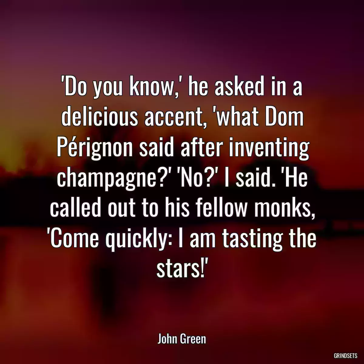 \'Do you know,\' he asked in a delicious accent, \'what Dom Pérignon said after inventing champagne?\' \'No?\' I said. \'He called out to his fellow monks, \'Come quickly: I am tasting the stars!\'