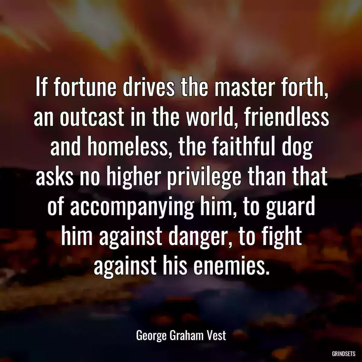 If fortune drives the master forth, an outcast in the world, friendless and homeless, the faithful dog asks no higher privilege than that of accompanying him, to guard him against danger, to fight against his enemies.