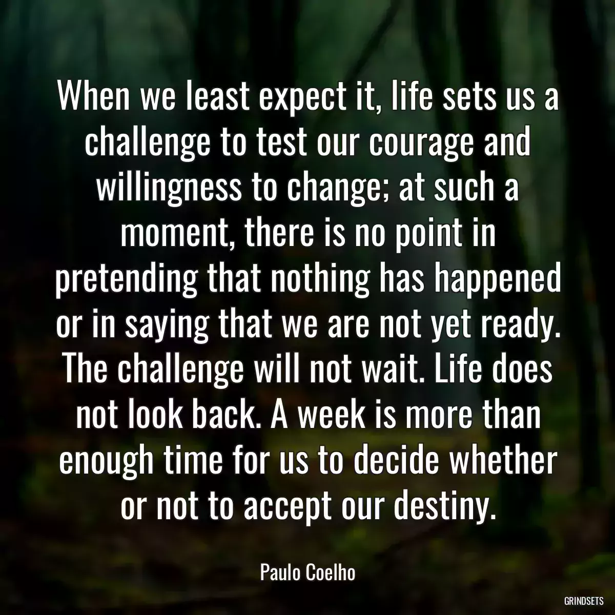 When we least expect it, life sets us a challenge to test our courage and willingness to change; at such a moment, there is no point in pretending that nothing has happened or in saying that we are not yet ready. The challenge will not wait. Life does not look back. A week is more than enough time for us to decide whether or not to accept our destiny.