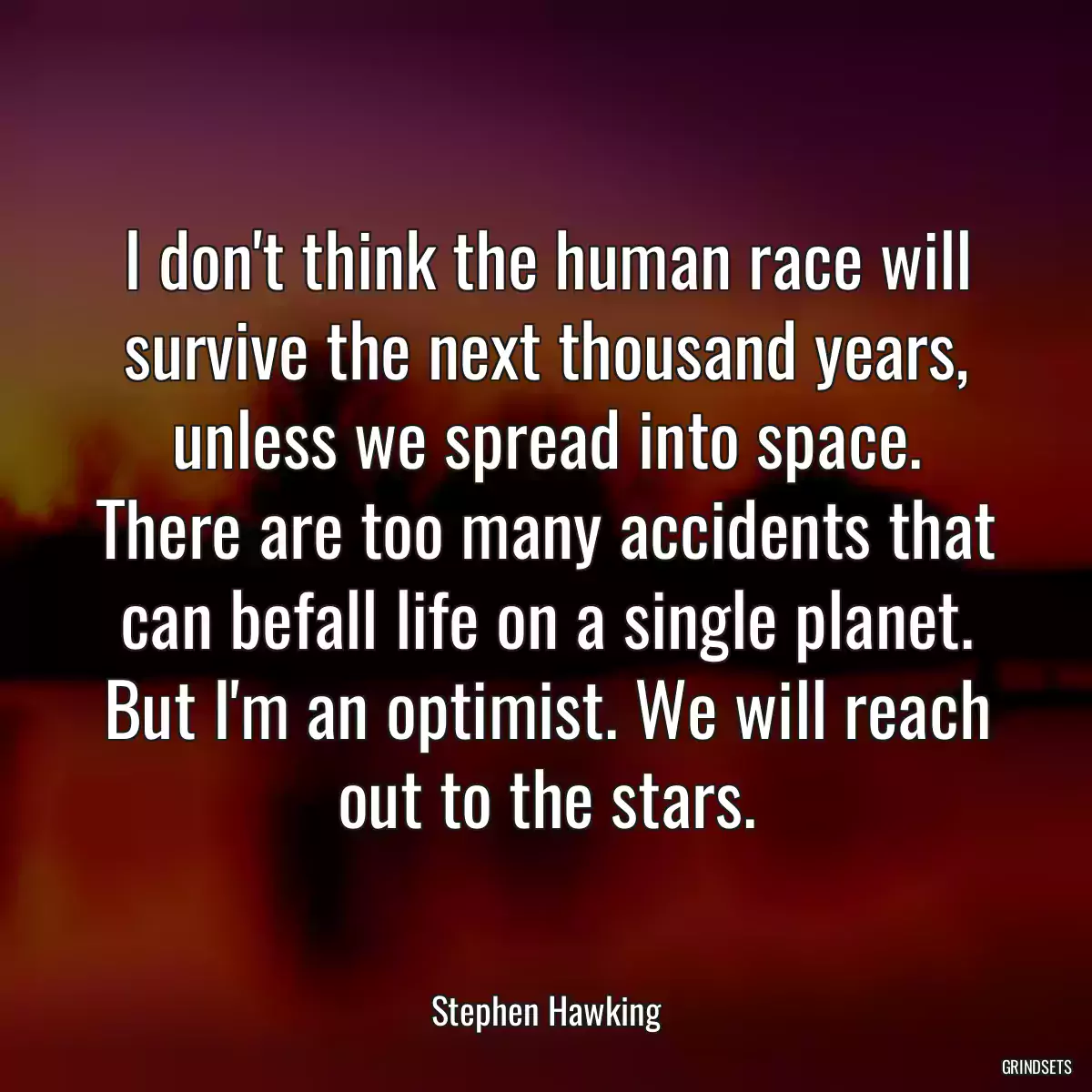 I don\'t think the human race will survive the next thousand years, unless we spread into space. There are too many accidents that can befall life on a single planet. But I\'m an optimist. We will reach out to the stars.