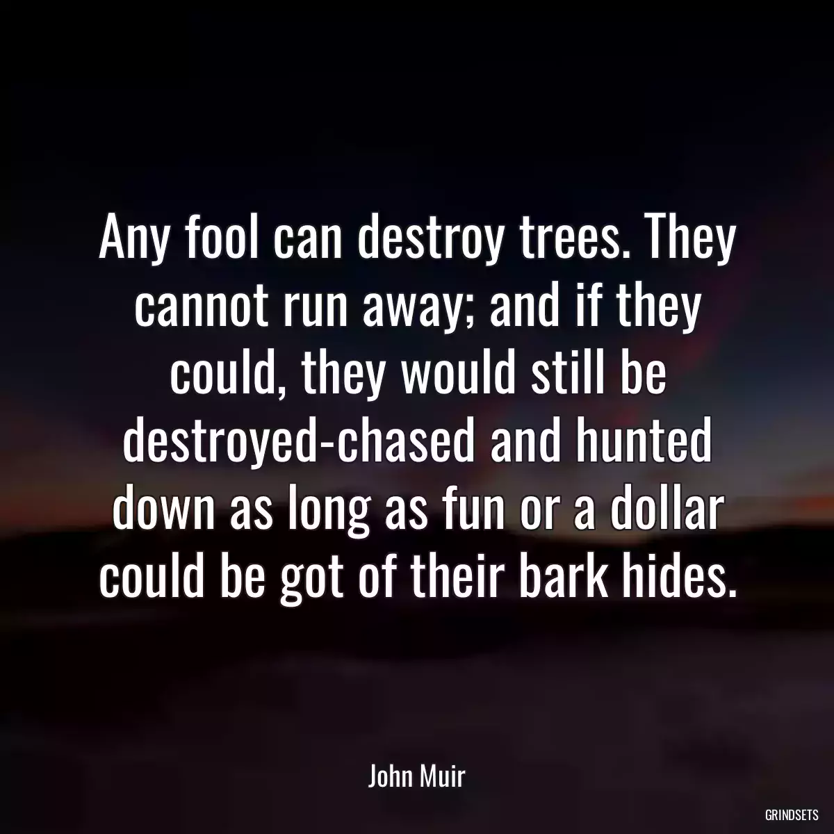 Any fool can destroy trees. They cannot run away; and if they could, they would still be destroyed-chased and hunted down as long as fun or a dollar could be got of their bark hides.