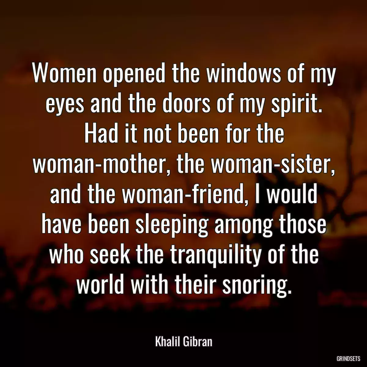 Women opened the windows of my eyes and the doors of my spirit. Had it not been for the woman-mother, the woman-sister, and the woman-friend, I would have been sleeping among those who seek the tranquility of the world with their snoring.