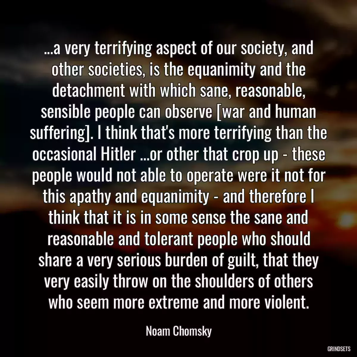 ...a very terrifying aspect of our society, and other societies, is the equanimity and the detachment with which sane, reasonable, sensible people can observe [war and human suffering]. I think that\'s more terrifying than the occasional Hitler ...or other that crop up - these people would not able to operate were it not for this apathy and equanimity - and therefore I think that it is in some sense the sane and reasonable and tolerant people who should share a very serious burden of guilt, that they very easily throw on the shoulders of others who seem more extreme and more violent.