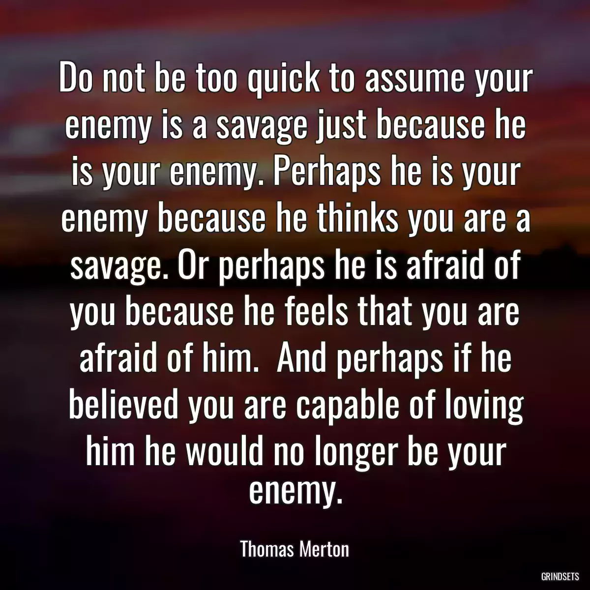 Do not be too quick to assume your enemy is a savage just because he is your enemy. Perhaps he is your enemy because he thinks you are a savage. Or perhaps he is afraid of you because he feels that you are afraid of him.  And perhaps if he believed you are capable of loving him he would no longer be your enemy.