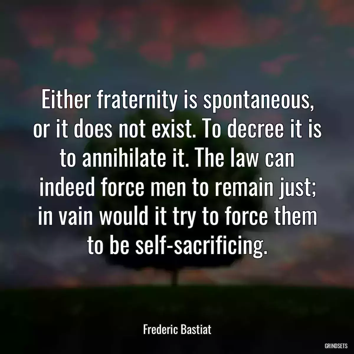 Either fraternity is spontaneous, or it does not exist. To decree it is to annihilate it. The law can indeed force men to remain just; in vain would it try to force them to be self-sacrificing.